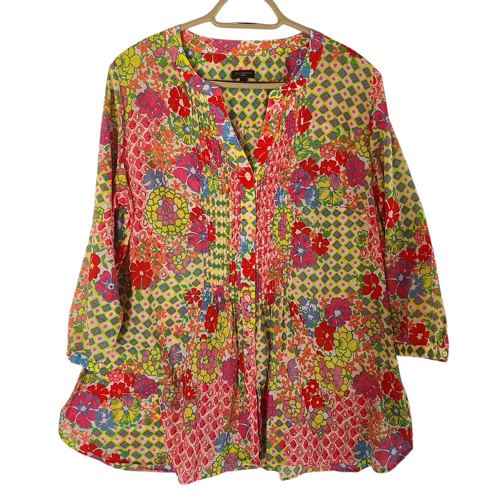 Talbots Floral Geometric Pintuck Tunic Blouse Cotton 3/4 Sleeve 1X